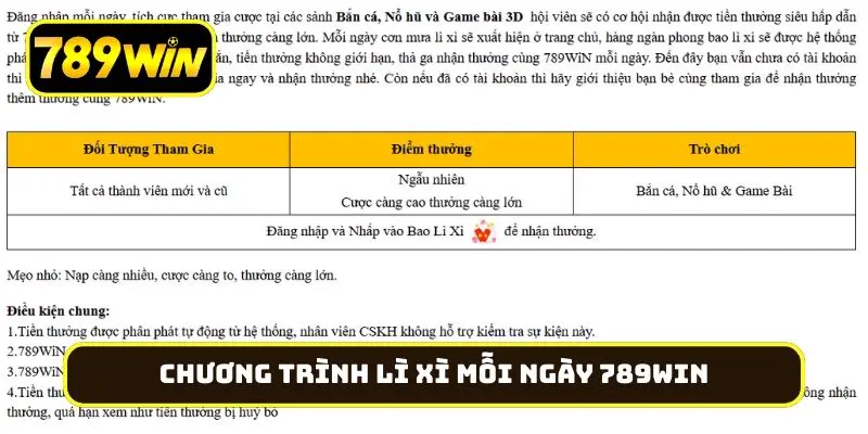 Chương trình lì xì mỗi ngày 789Win số lượng khủng
